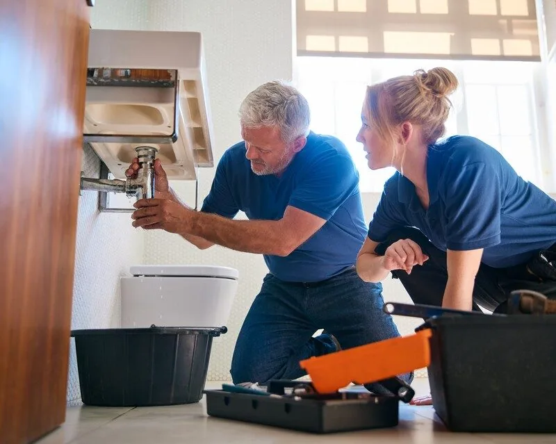 Plumber fixing a leak under a bathroom sink