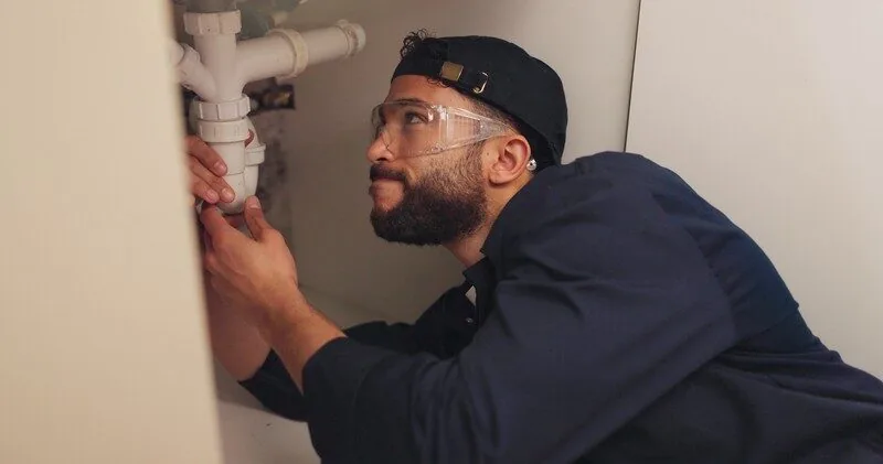 Plumber inspecting pipes under a kitchen cabinet